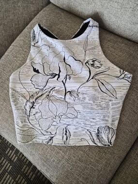 Athleta White Crop Tank with Black Floral Sketch Print